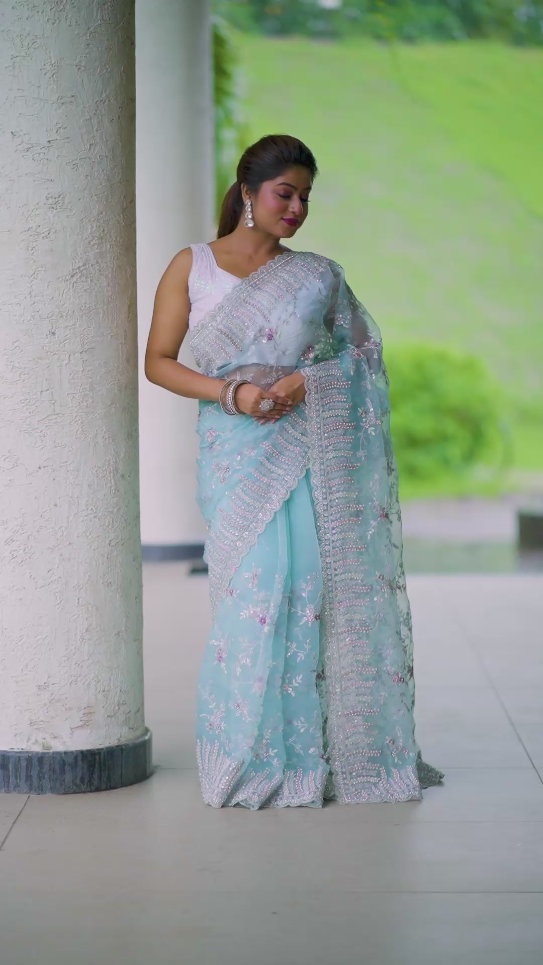 Icy Blue Net Saree with Silver Sequin & Floral Embroidery