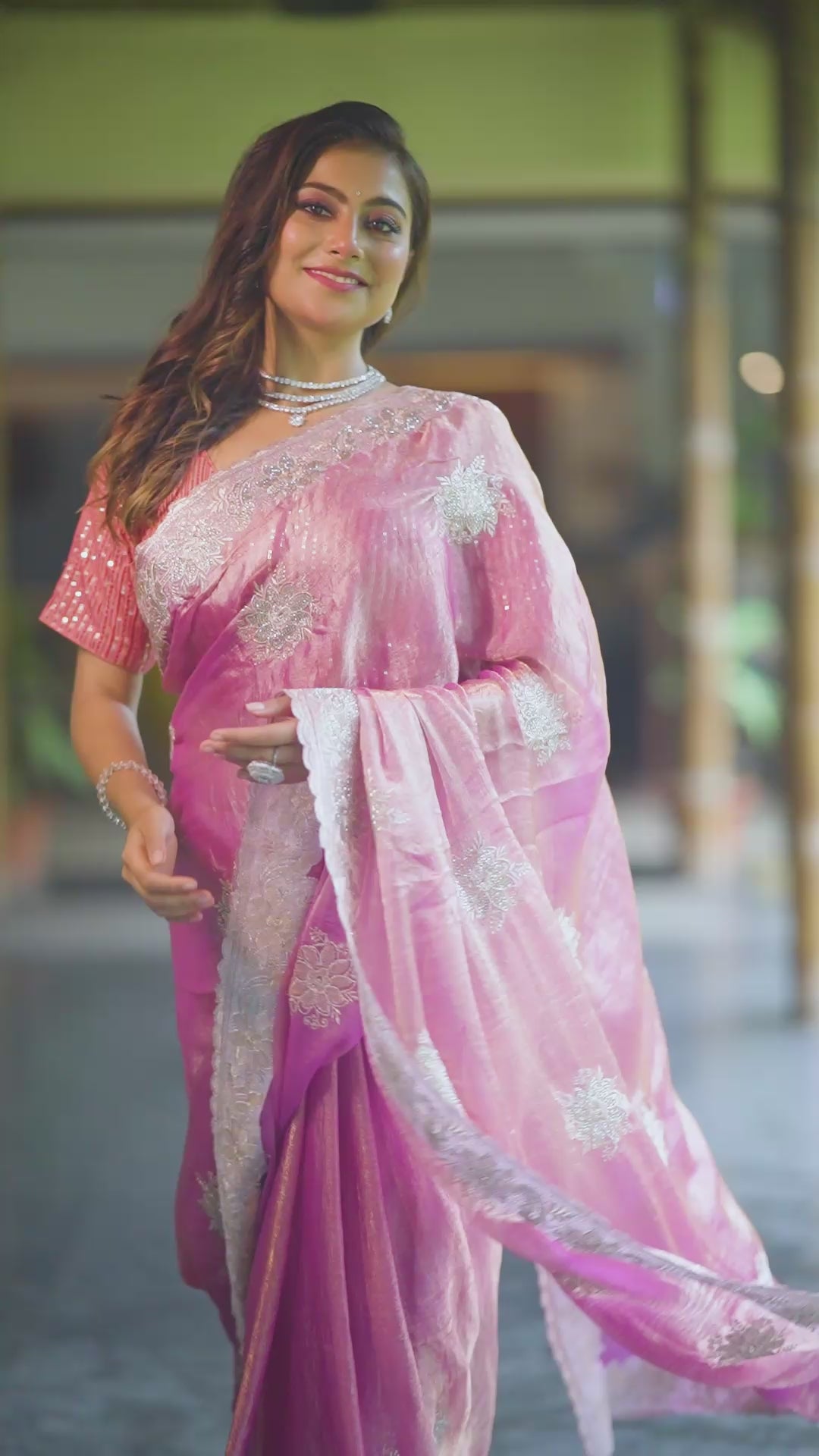 Blush Pink Embroidered Bollywood chiffon Drape Saree