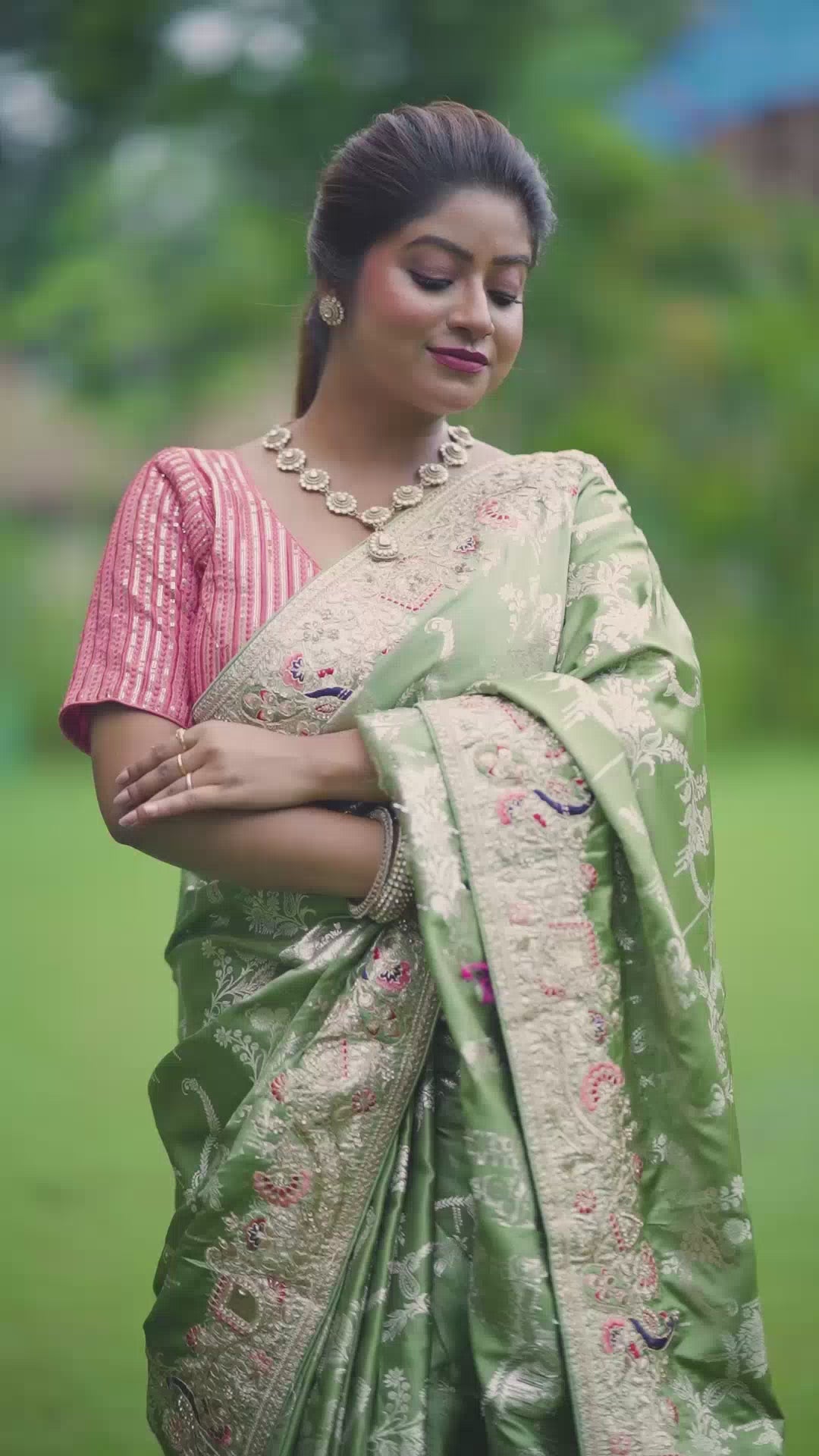 Olive Royalty – Bridal Pure Silk Saree with Exquisite Zari Gota Patti & Thread Work