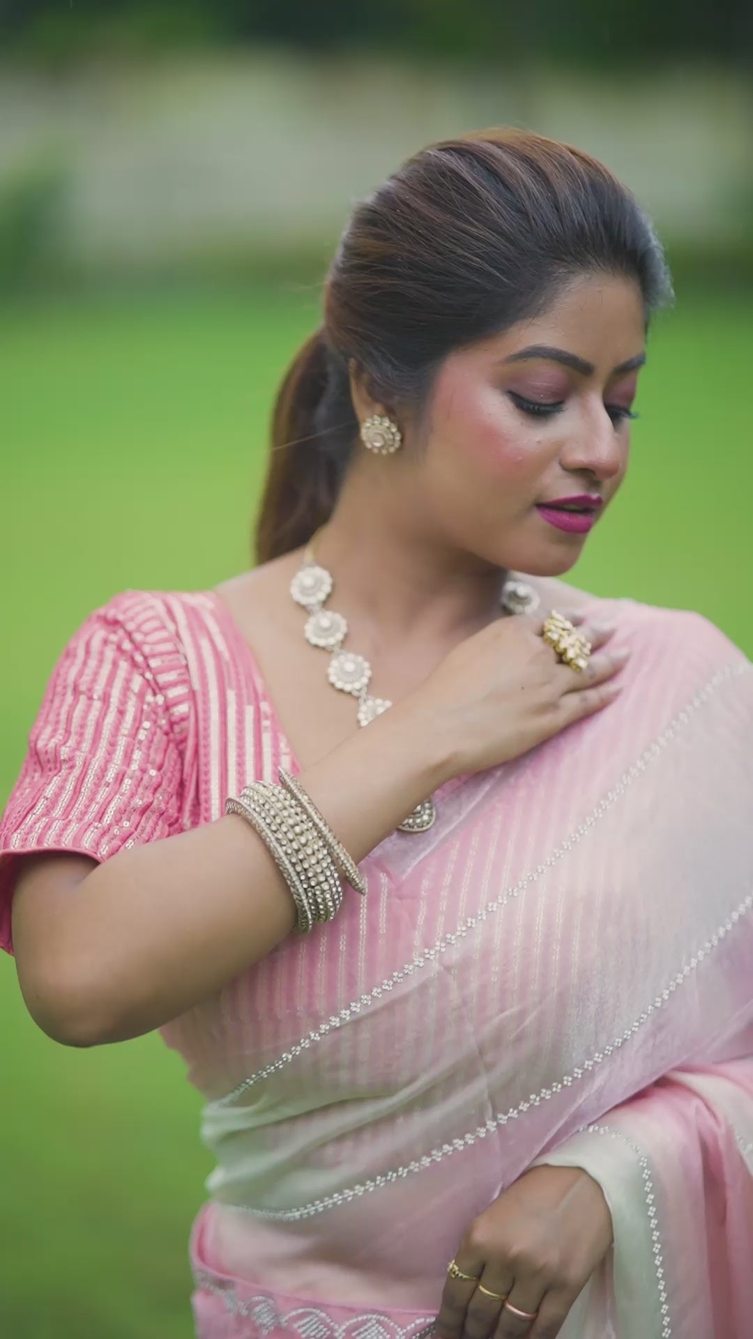 "Romantic & Dreamy” – Baby Pink & Ivory Bollywood chiffon Party Wear Saree