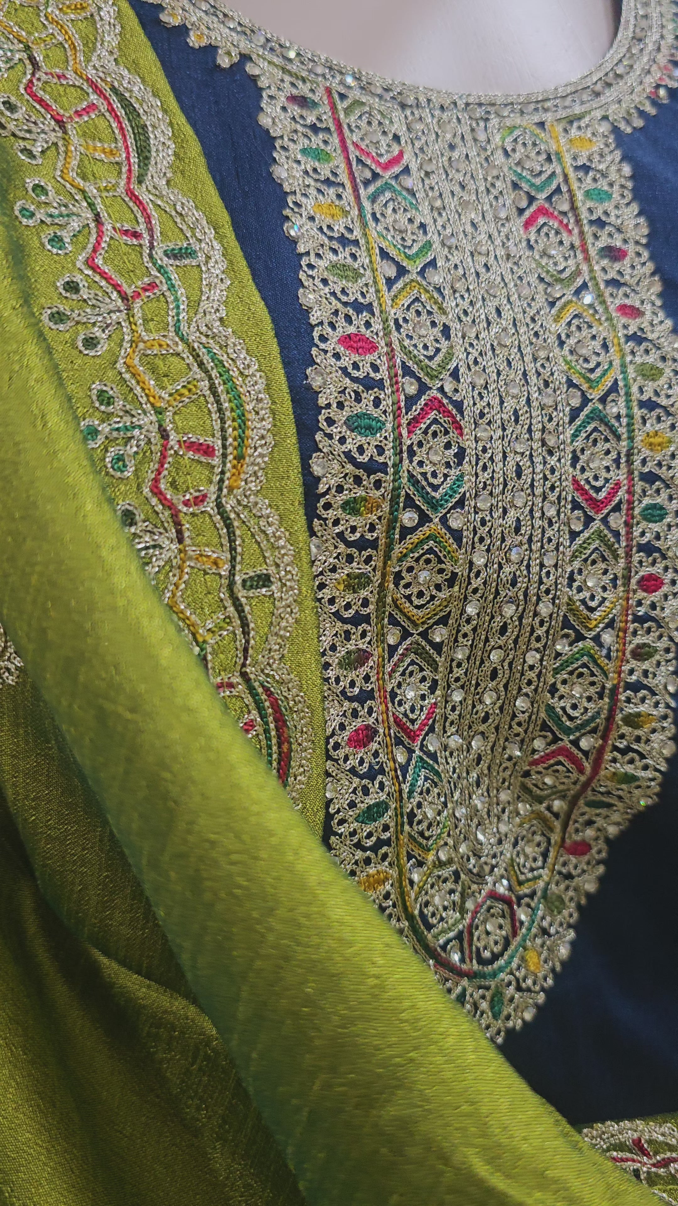 Midnight Blue & Olive Embroidered Kurta Set