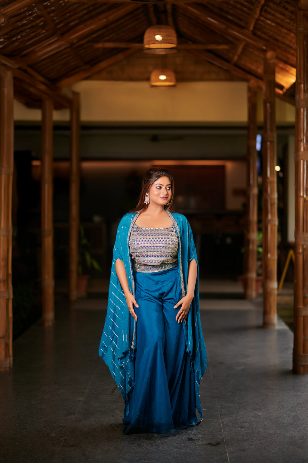 Midnight Teal Indo-Western Cape Set