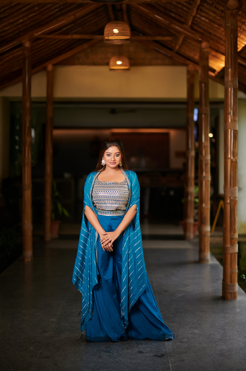 Midnight Teal Indo-Western Cape Set