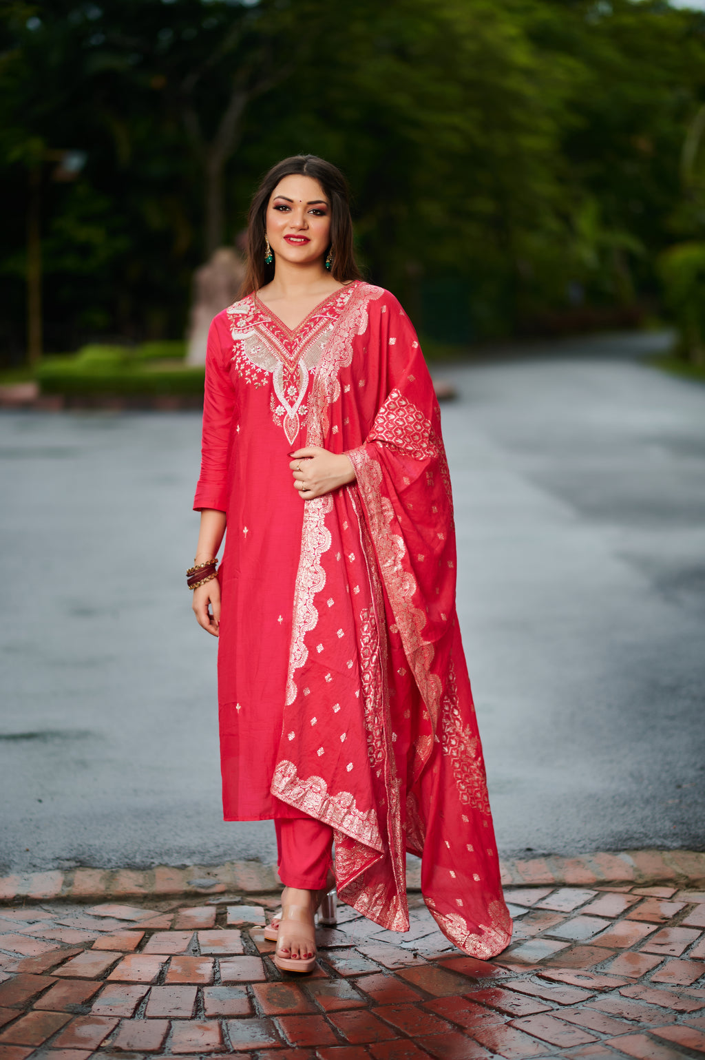 Red Rose Grace – Embroidered Suit Set with Dupatta