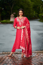 Red Rose Grace – Embroidered Suit Set with Dupatta