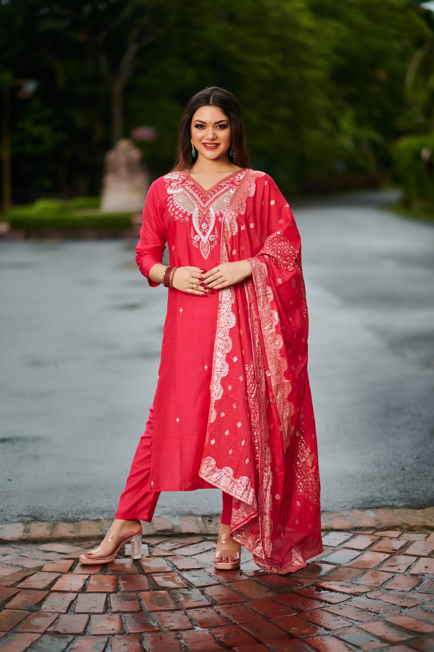 Red Rose Grace – Embroidered Suit Set with Dupatta