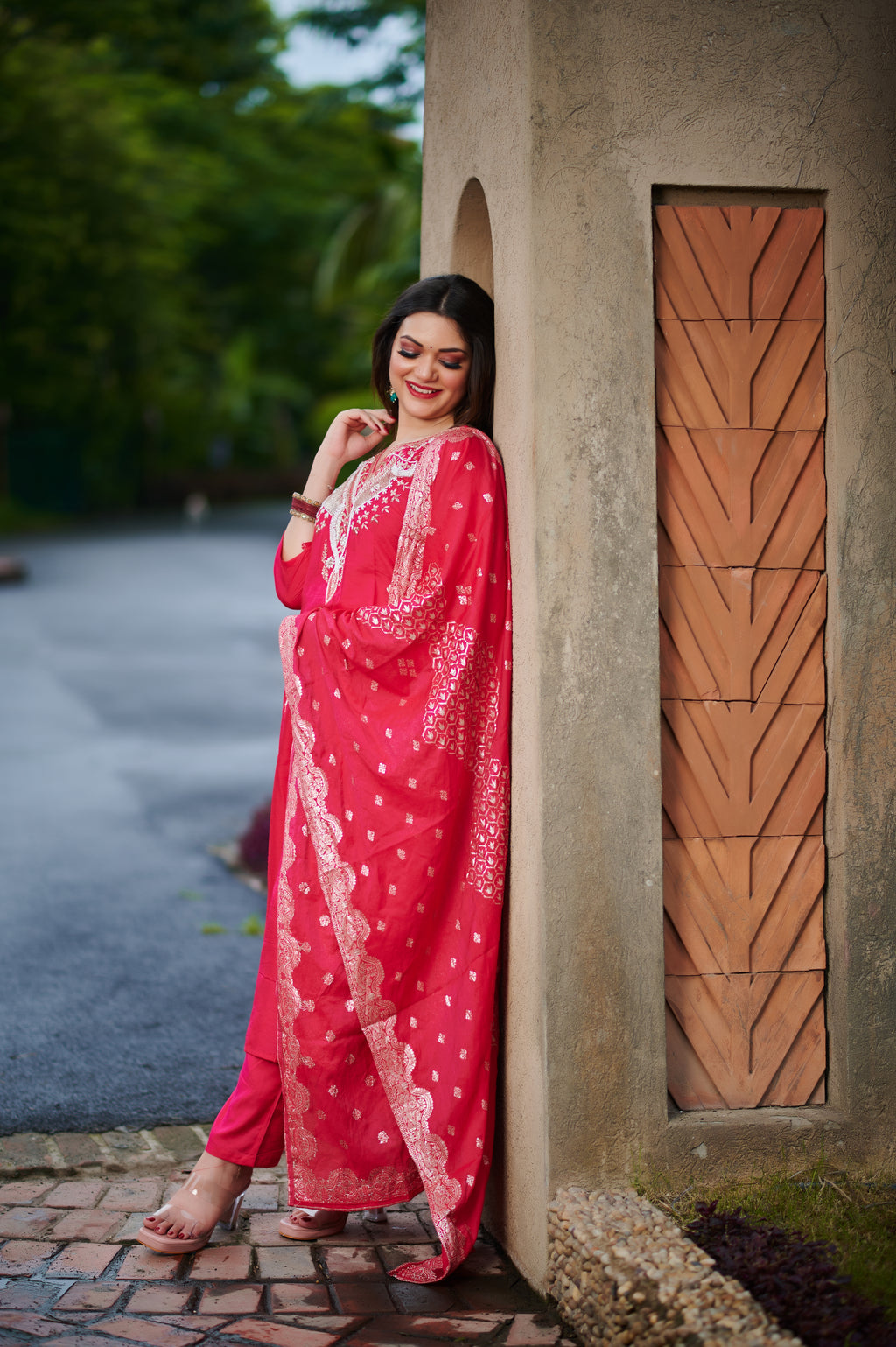 Red Rose Grace – Embroidered Suit Set with Dupatta