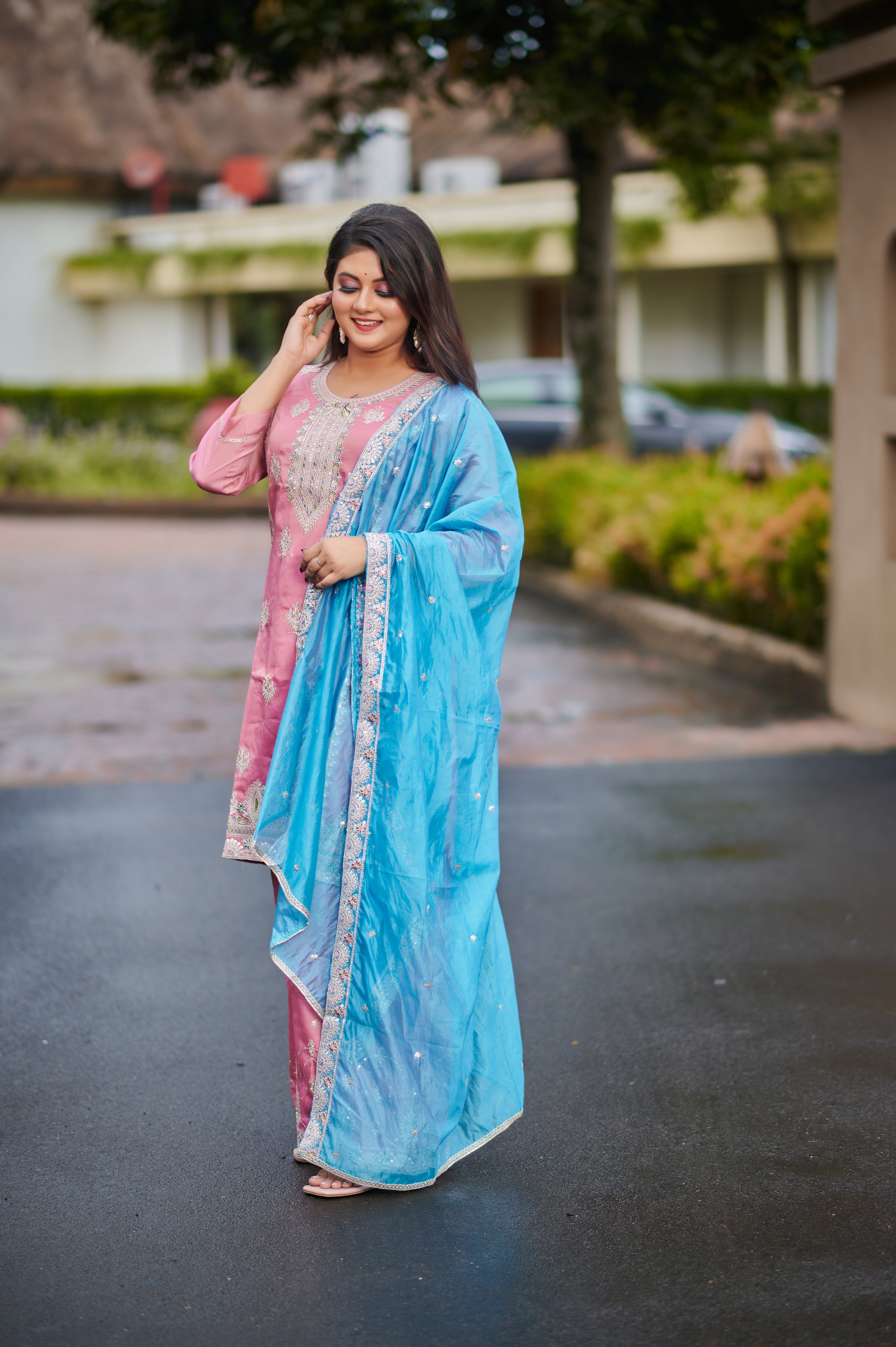 Blush Pink & Sky Blue Embroidered Kurta Set