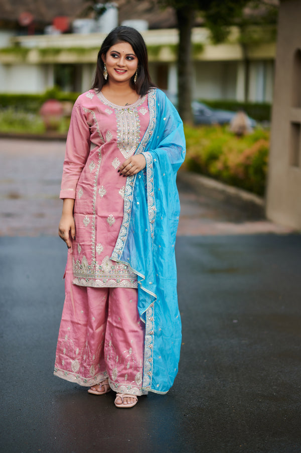 Blush Pink & Sky Blue Embroidered Kurta Set