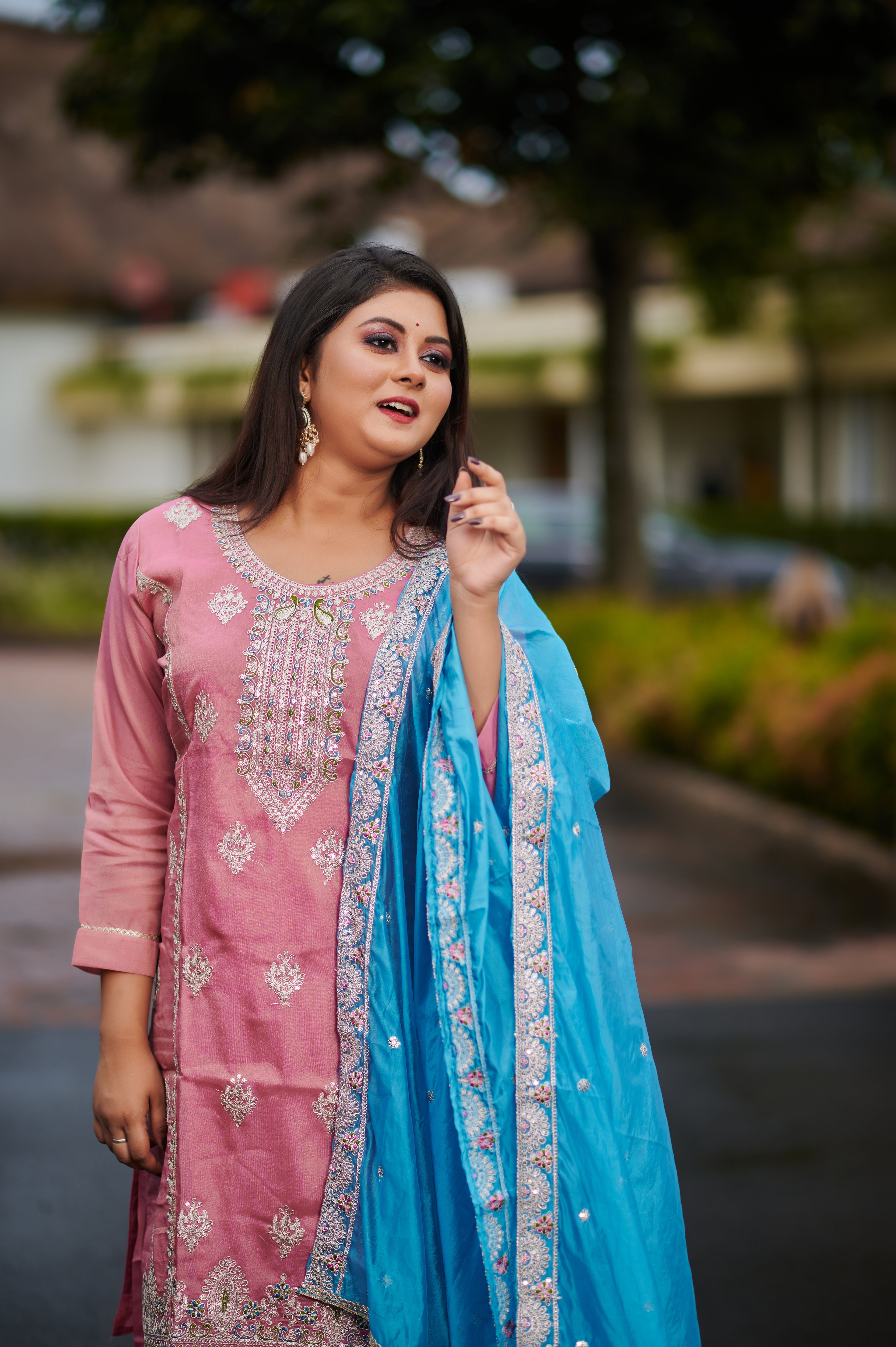 Blush Pink & Sky Blue Embroidered Kurta Set