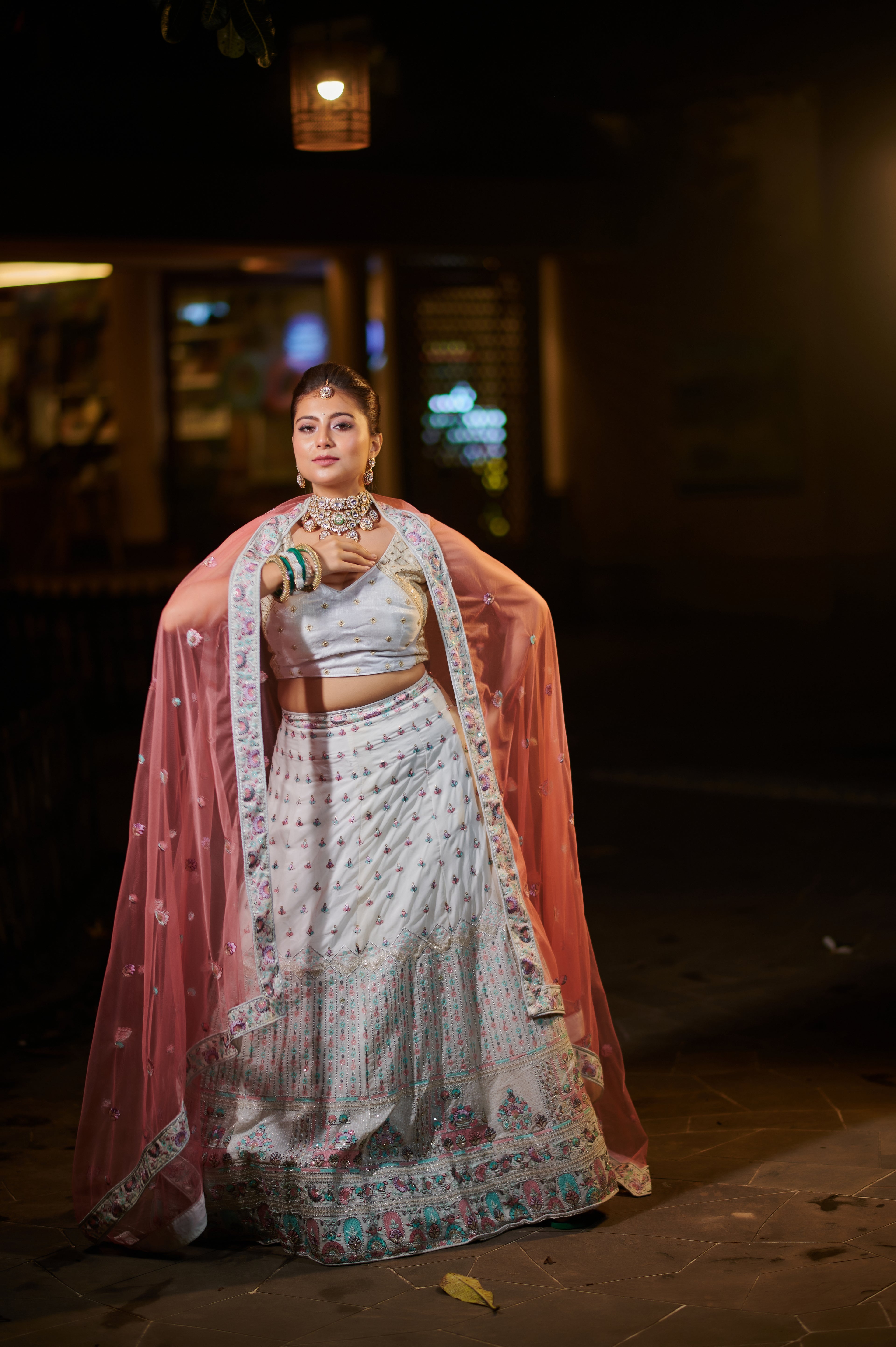 Ivory & Blush Pink Temple Border Embroidered Lehenga Set