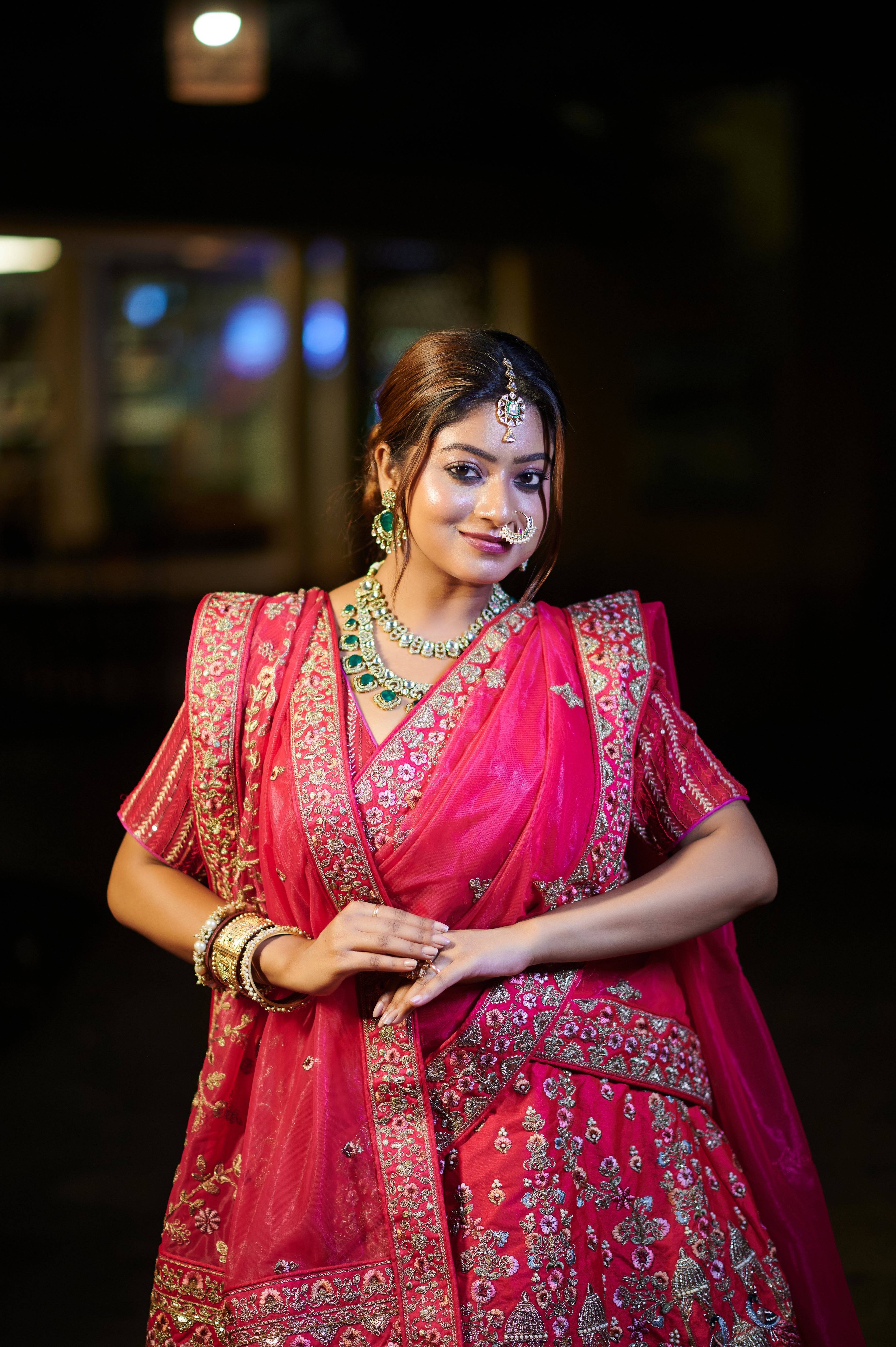 Rasika – Regal Pink Bridal Lehenga with Temple Motif Embroidery