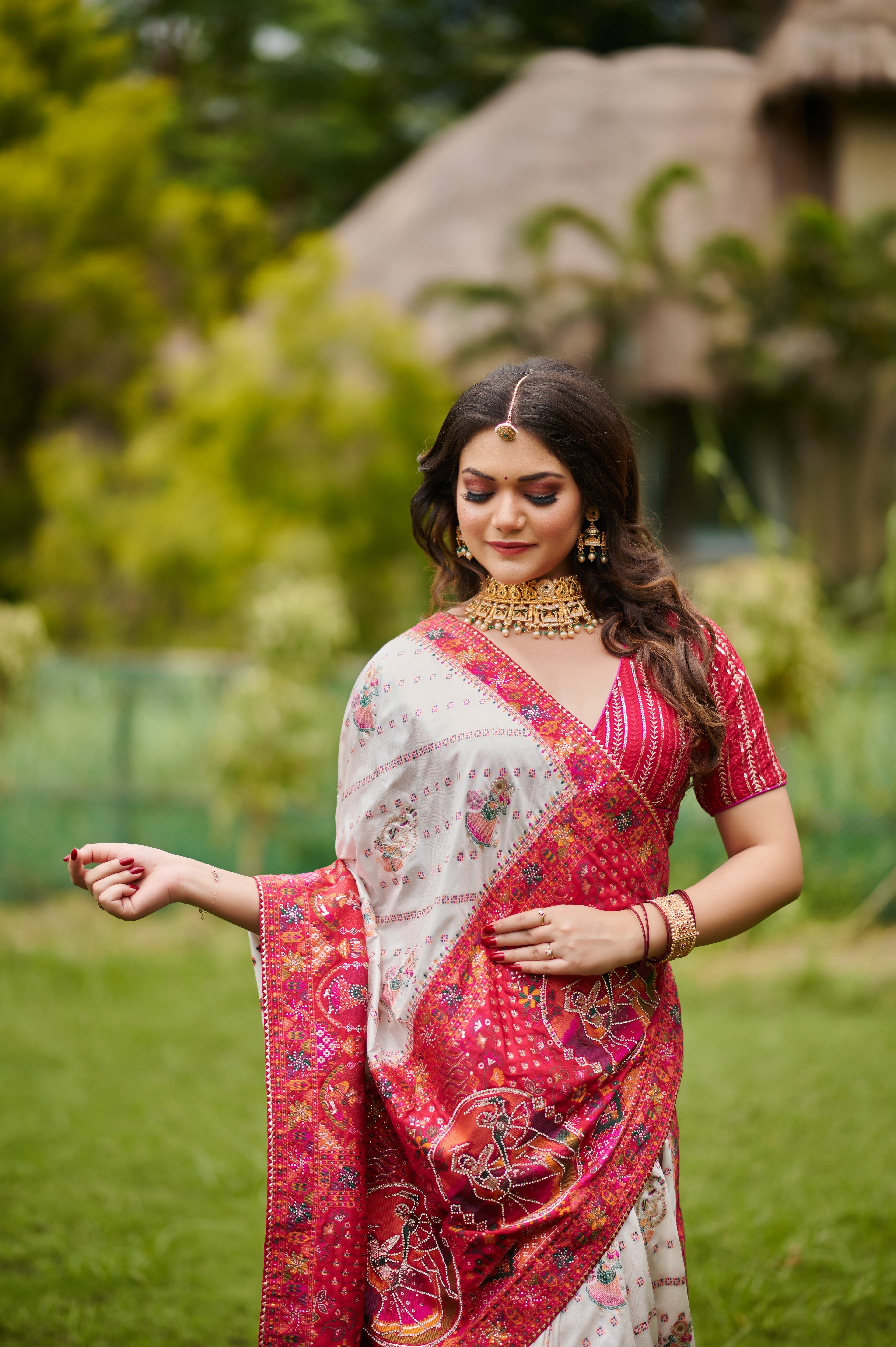 Ras Leela - Soft Silk Saree in white & Rani Pink