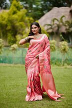 Elegant Coral Pink Banarasi Silk Saree with Elephant Motifs