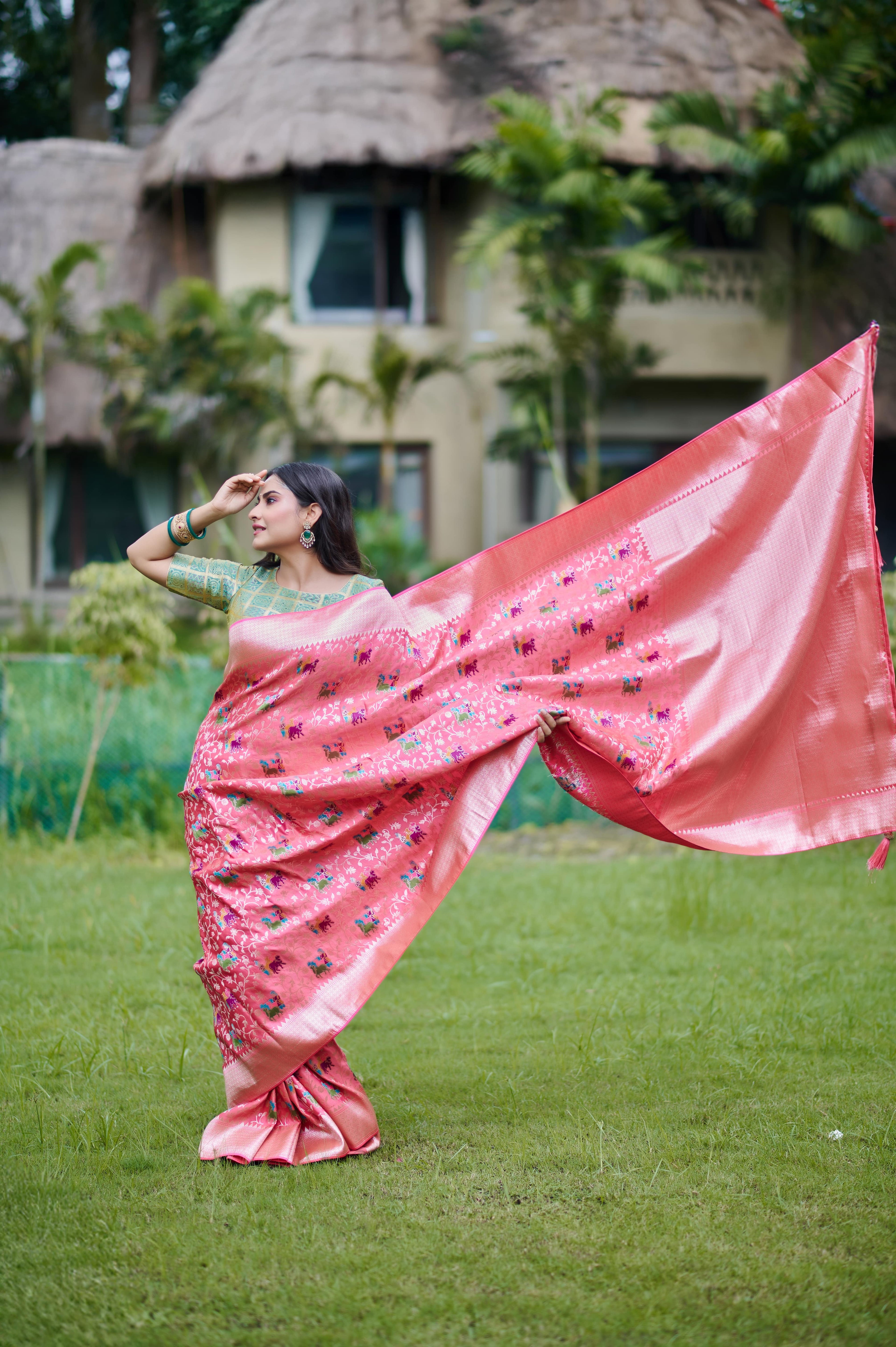 Elegant Coral Pink Banarasi Silk Saree with Elephant Motifs