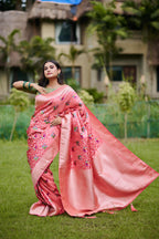Elegant Coral Pink Banarasi Silk Saree with Elephant Motifs