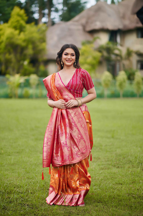 Fiery Orange-Pink Banarasi Silk Saree with Gold Zari Weave