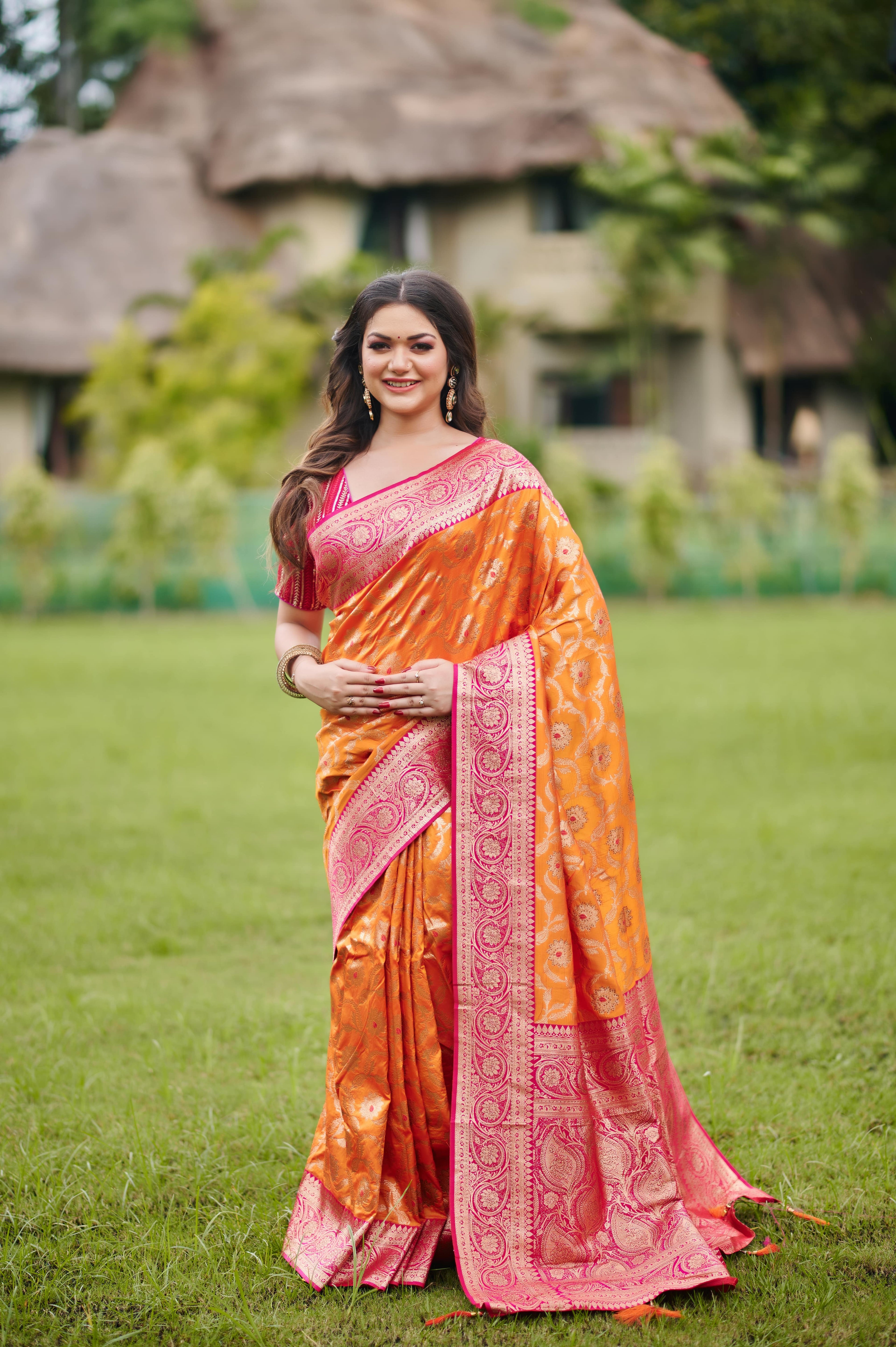 Fiery Orange-Pink Banarasi Silk Saree with Gold Zari Weave