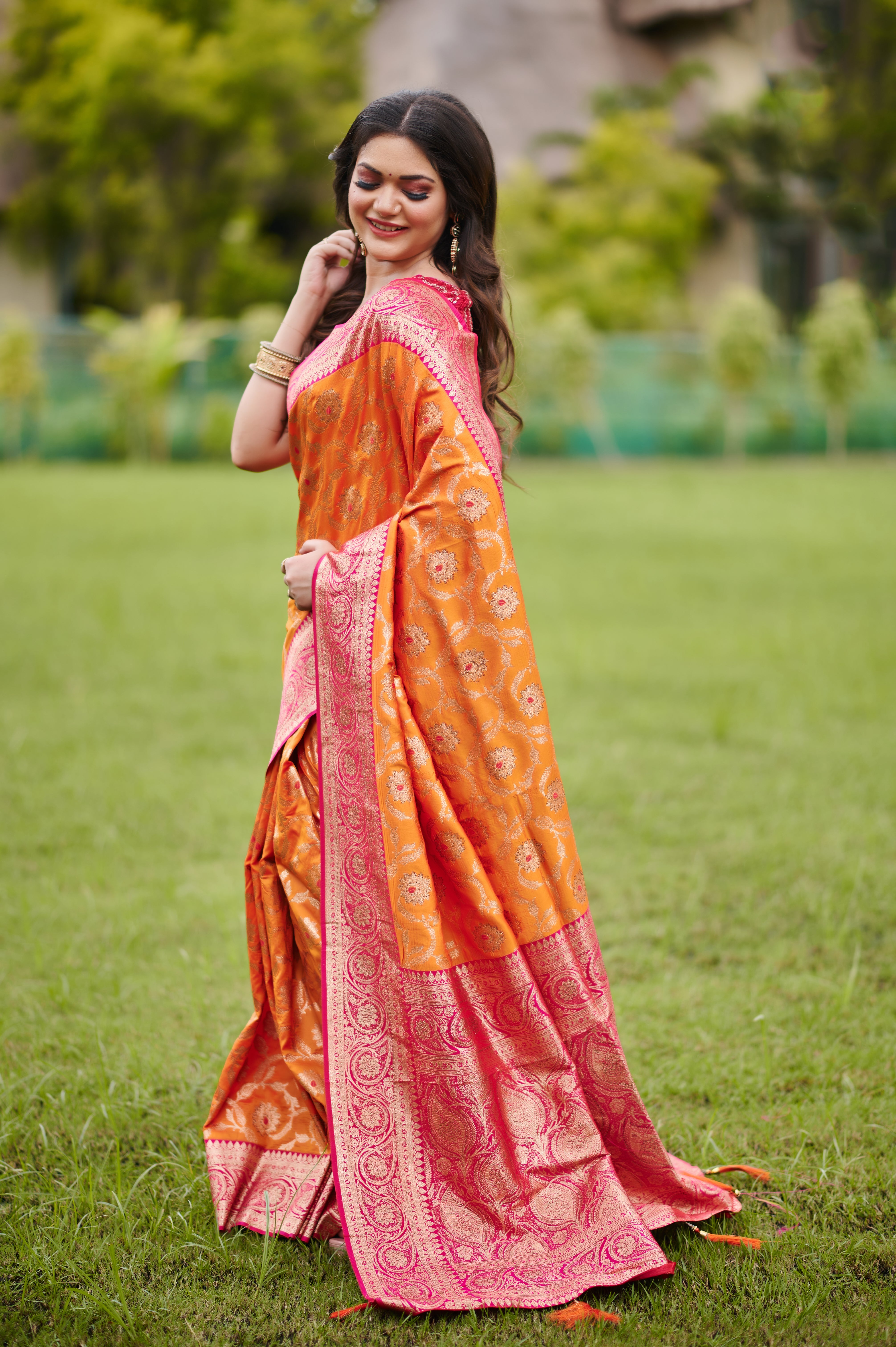 Fiery Orange-Pink Banarasi Silk Saree with Gold Zari Weave