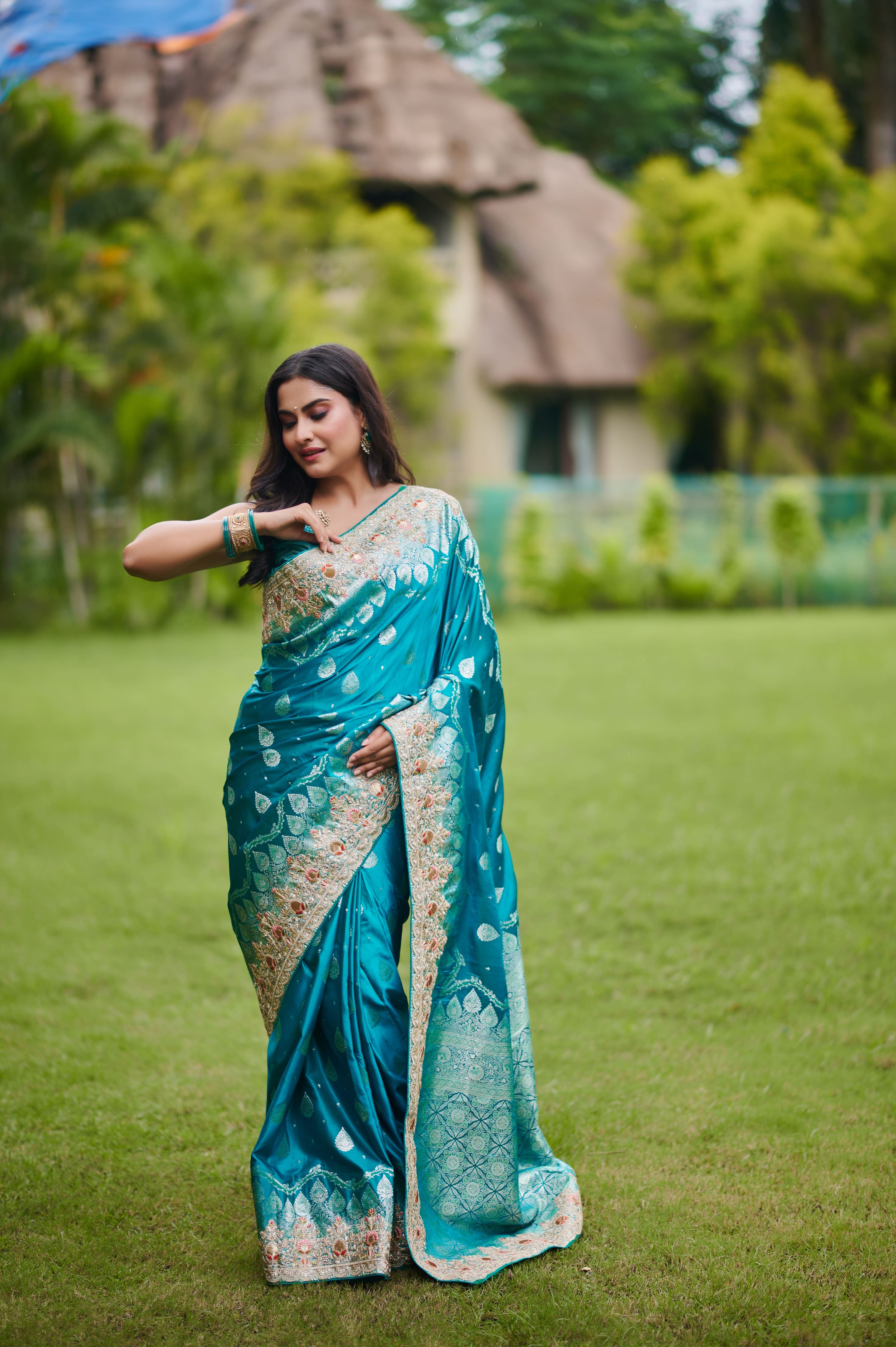 Teal Blue Pure Banarasi Silk Saree with Intricate Zari and Gota Patti Embroidery