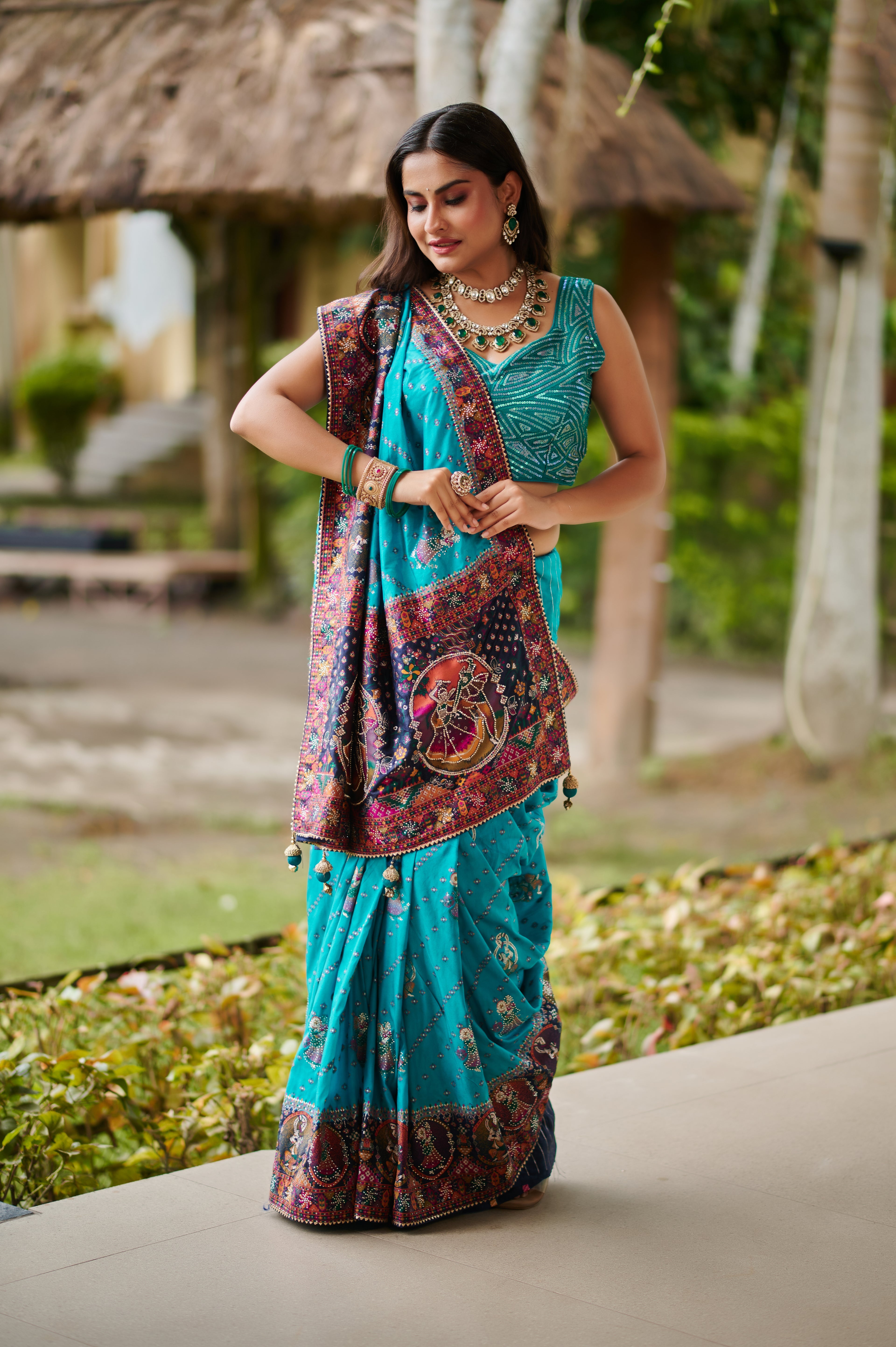 Ras Leela - Soft silk Saree in Blue and Rani pink
