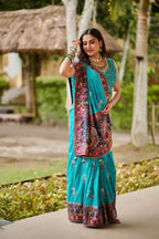 Ras Leela - Soft silk Saree in Blue and Rani pink