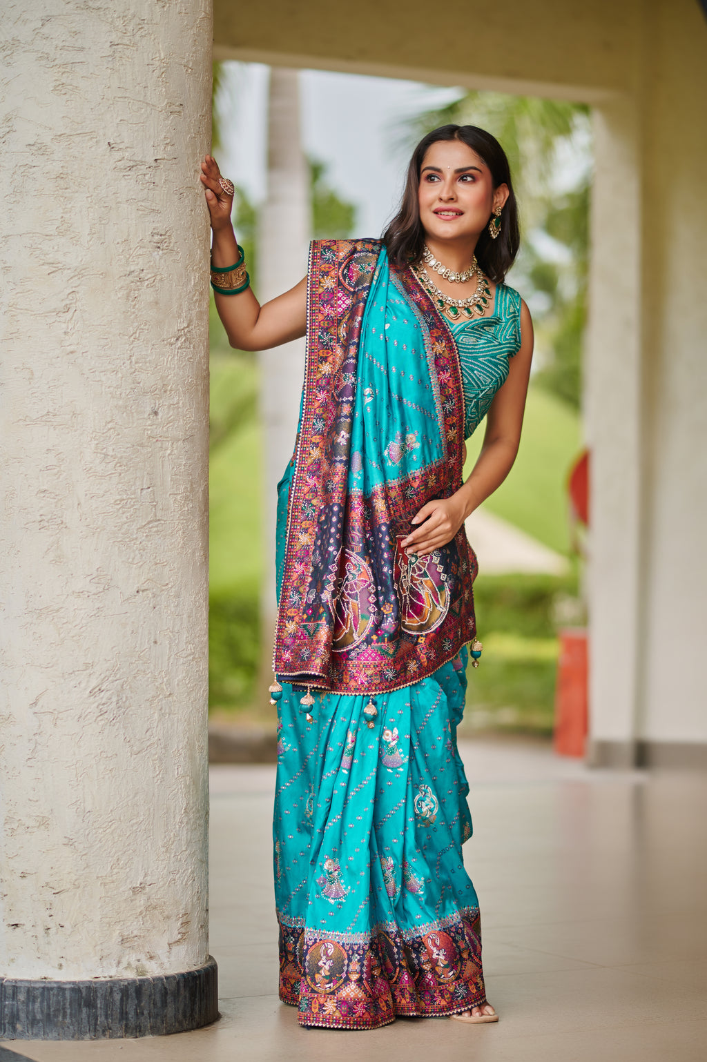Ras Leela - Soft silk Saree in Blue and Rani pink