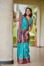 Ras Leela - Soft silk Saree in Blue and Rani pink