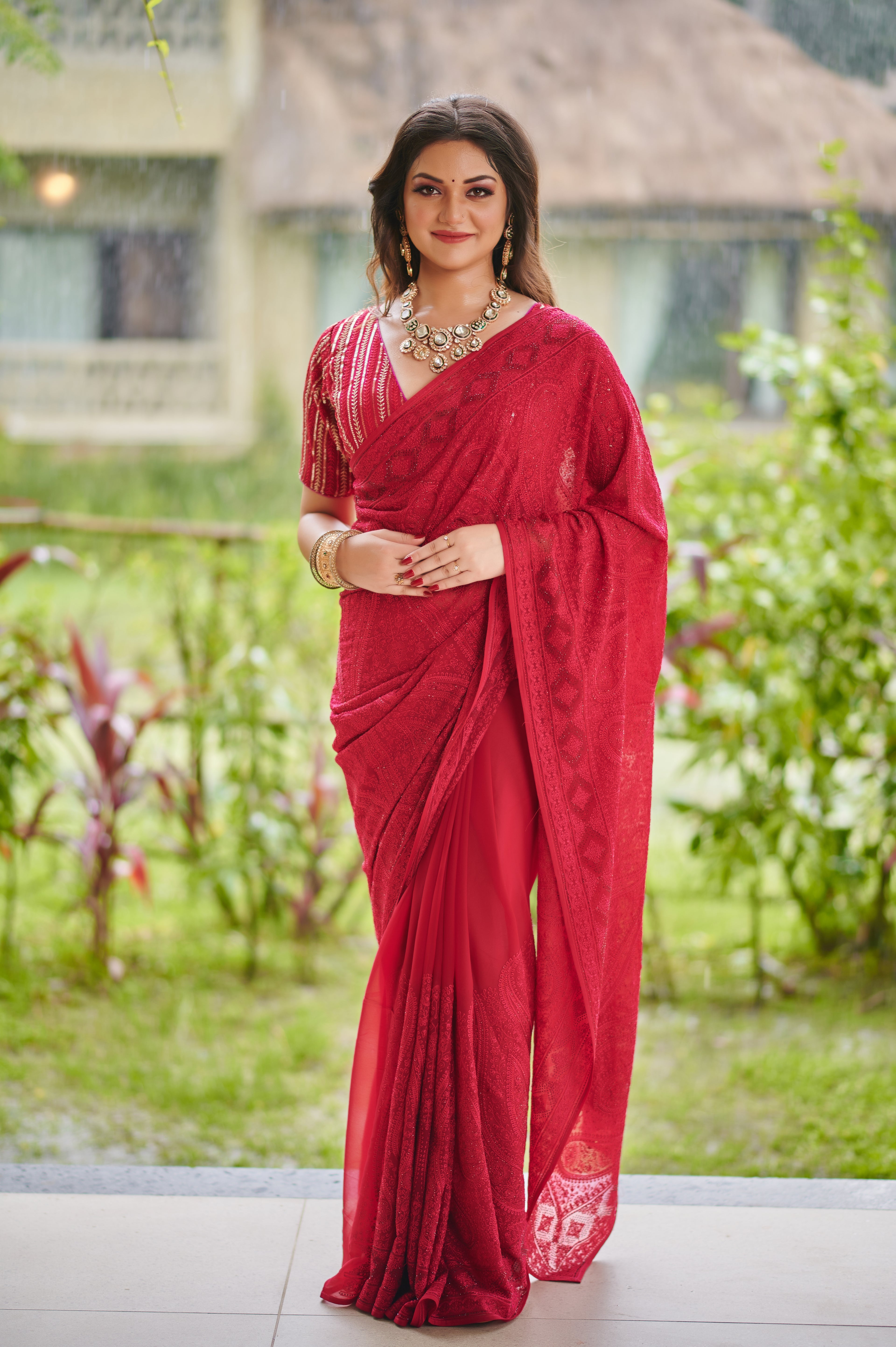 Crimson Elegance – Heavy Work Georgette Party wear Saree