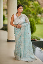 Icy Blue Net Saree with Silver Sequin &amp; Floral Embroidery