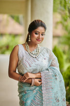Icy Blue Net Saree with Silver Sequin &amp; Floral Embroidery