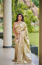 Champagne Green Gold Silk Saree with Intricate Thread, mirror and Stone Embroidery