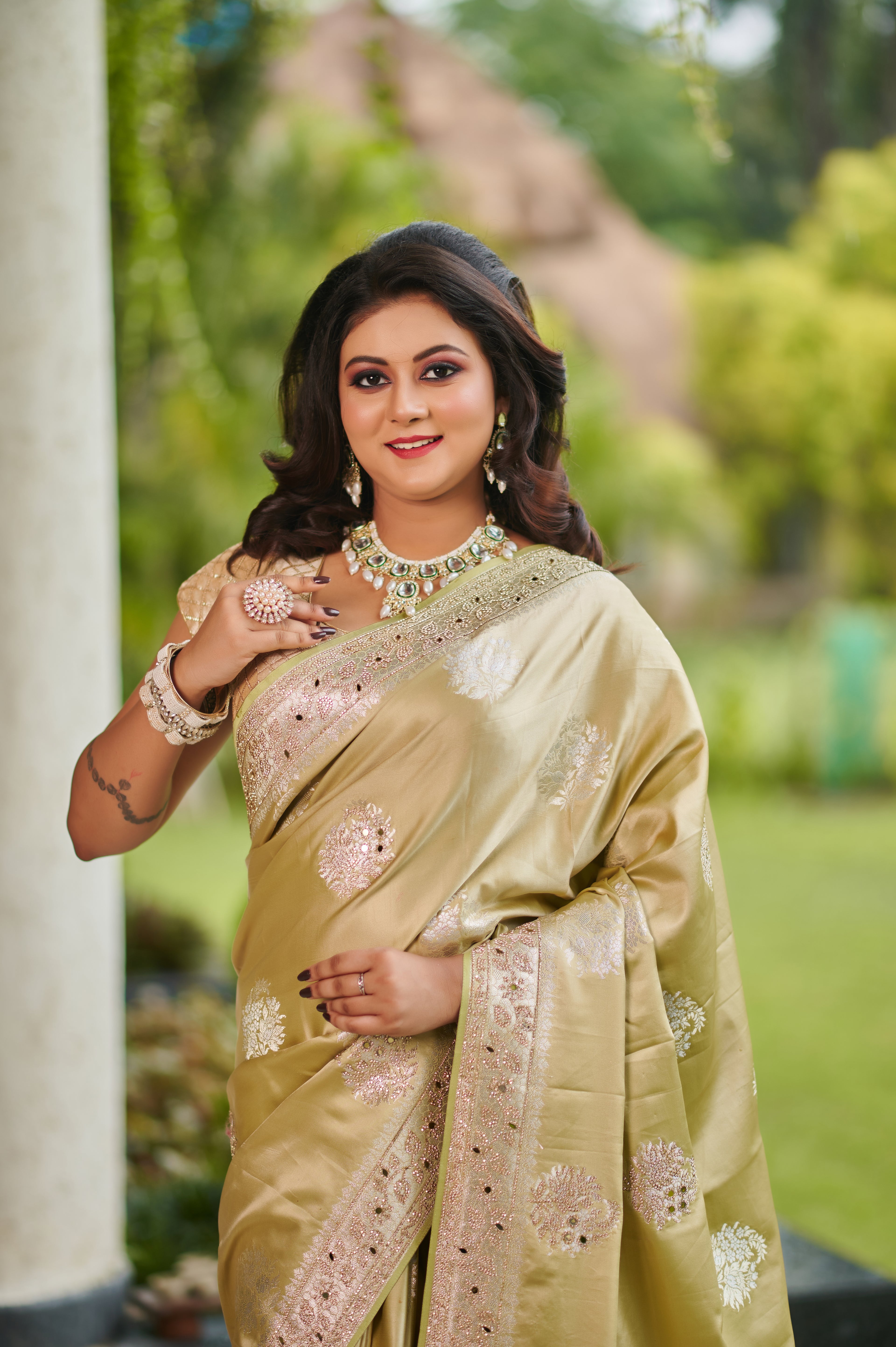 Champagne Green Gold Silk Saree with Intricate Thread, mirror and Stone Embroidery