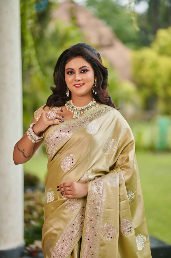 Champagne Green Gold Silk Saree with Intricate Thread, mirror and Stone Embroidery