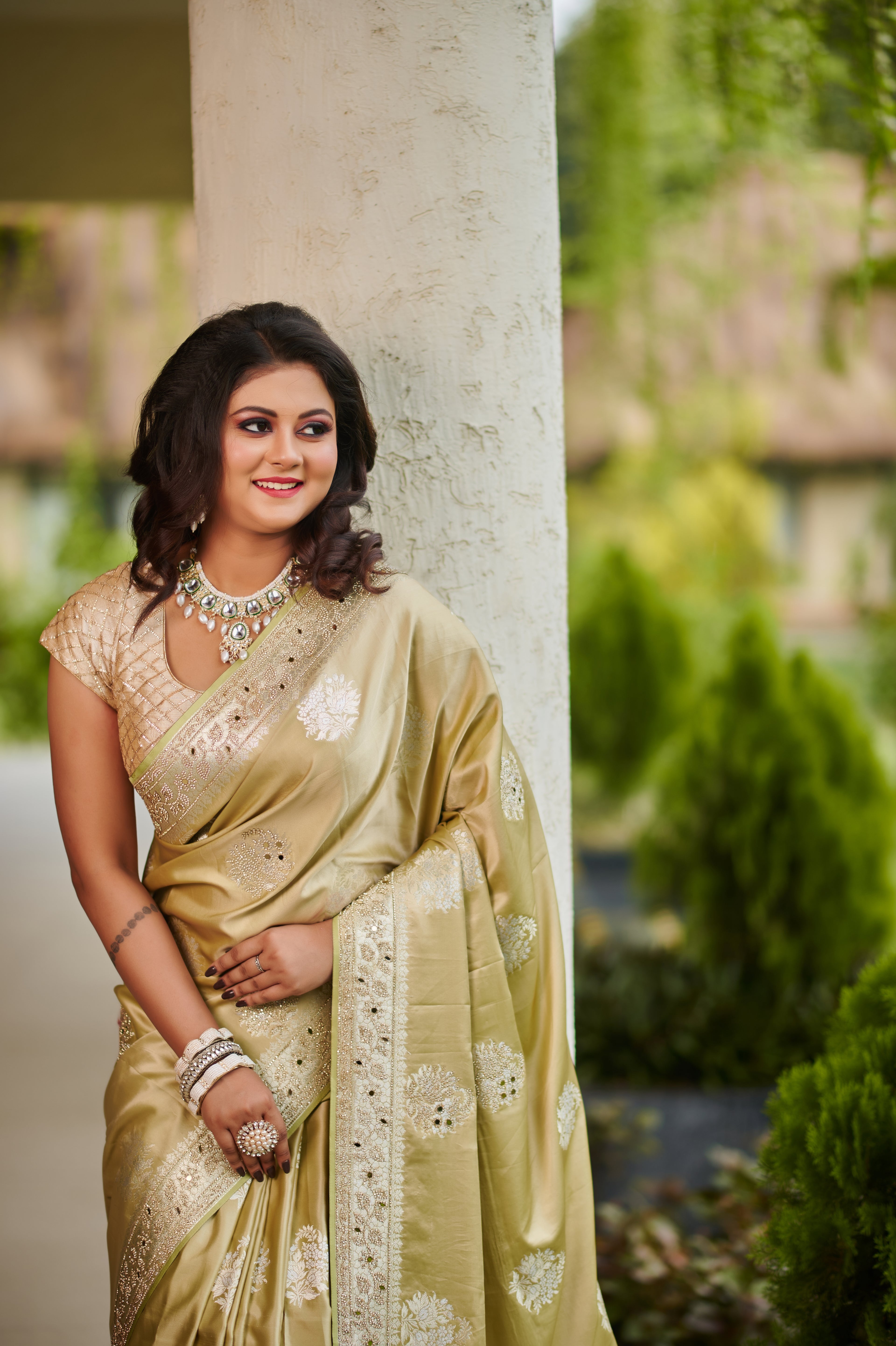 Champagne Green Gold Silk Saree with Intricate Thread, mirror and Stone Embroidery