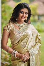 Champagne Green Gold Silk Saree with Intricate Thread, mirror and Stone Embroidery