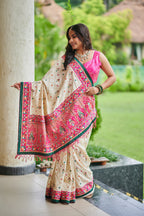 Ivory & Rani Pink Hand Embroidered Heritage Saree