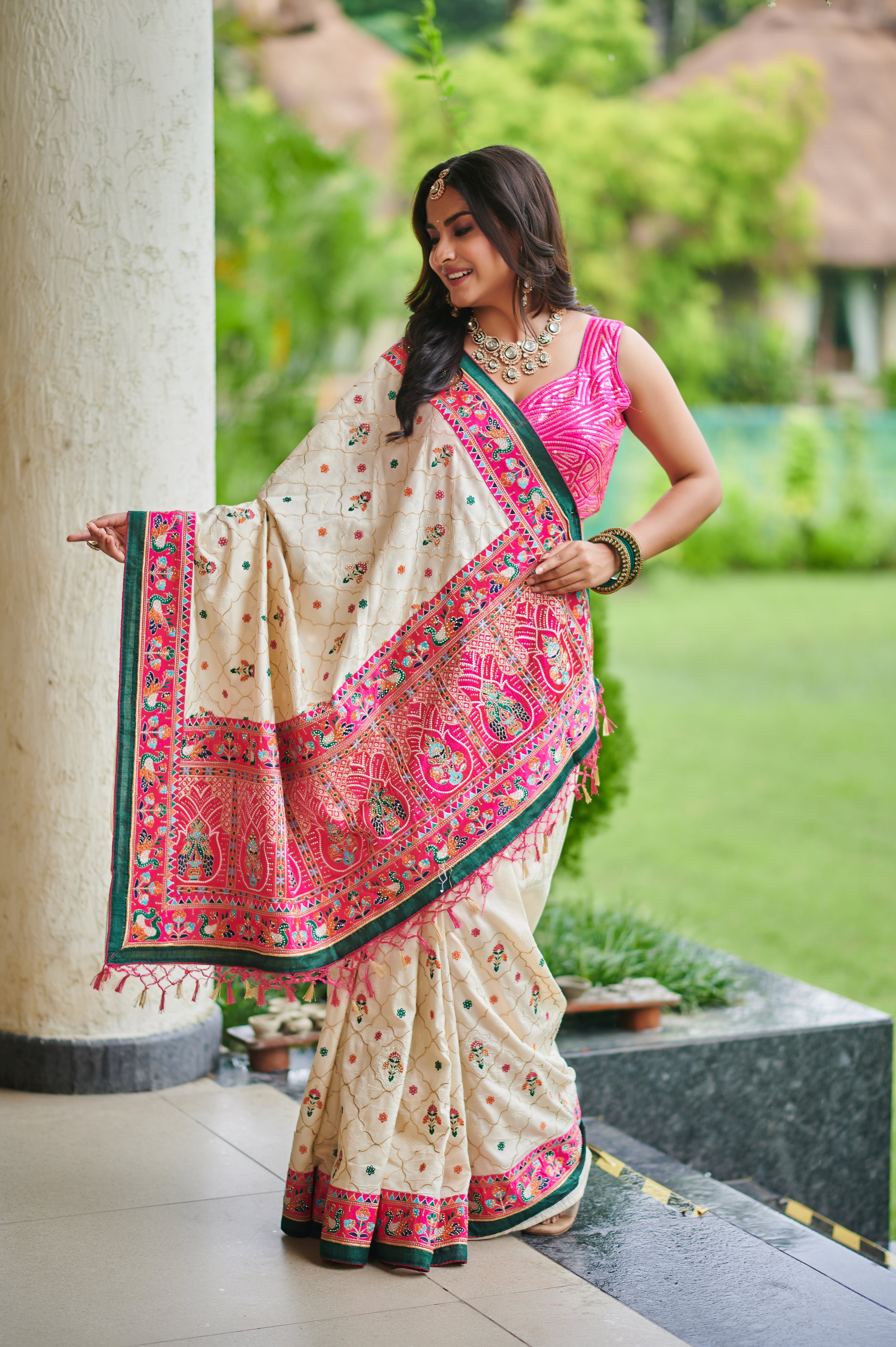 Ivory & Rani Pink Hand Embroidered Heritage Saree