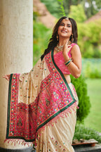 Ivory & Rani Pink Hand Embroidered Heritage Saree
