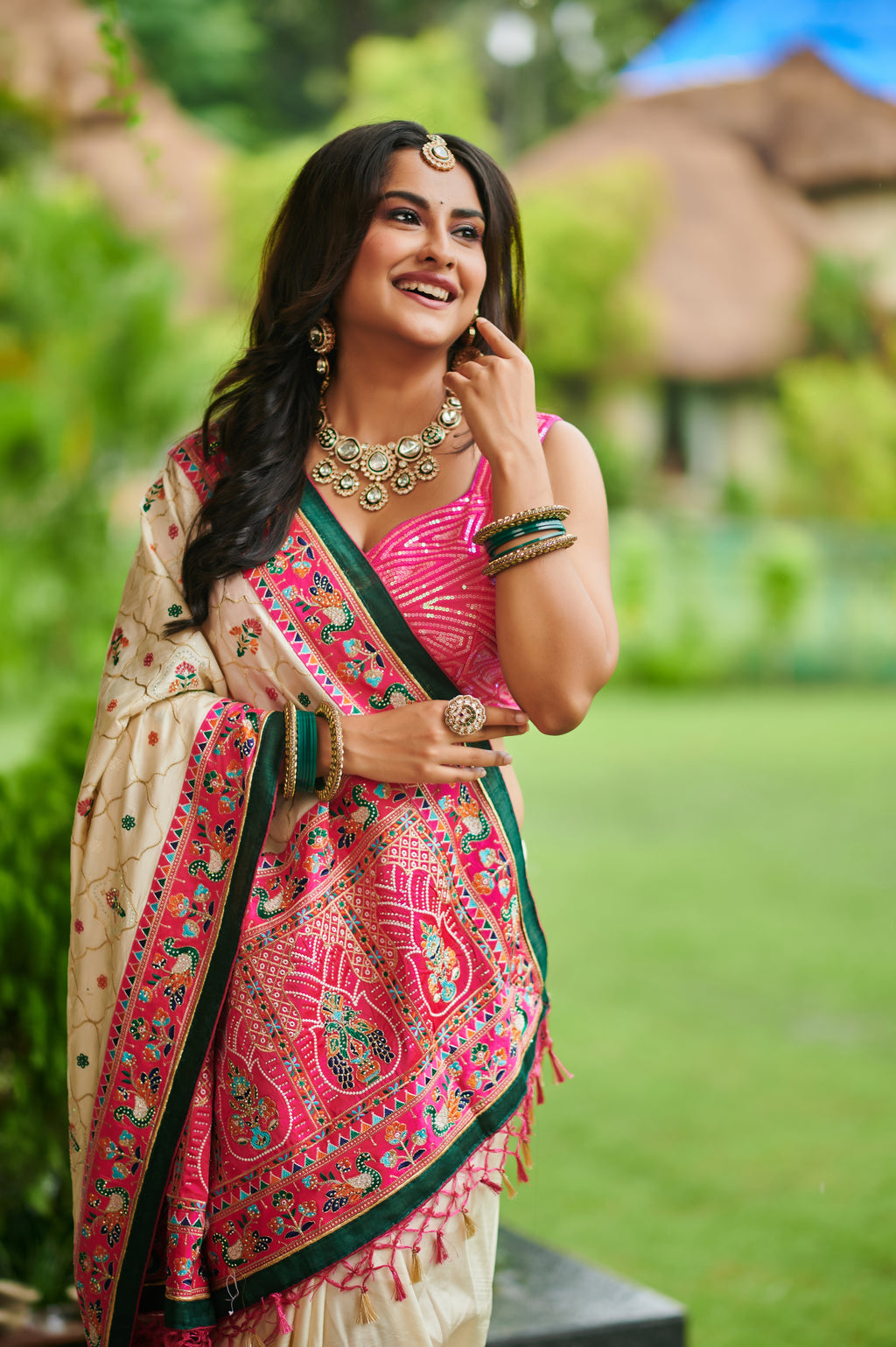 Ivory & Rani Pink Hand Embroidered Heritage Saree