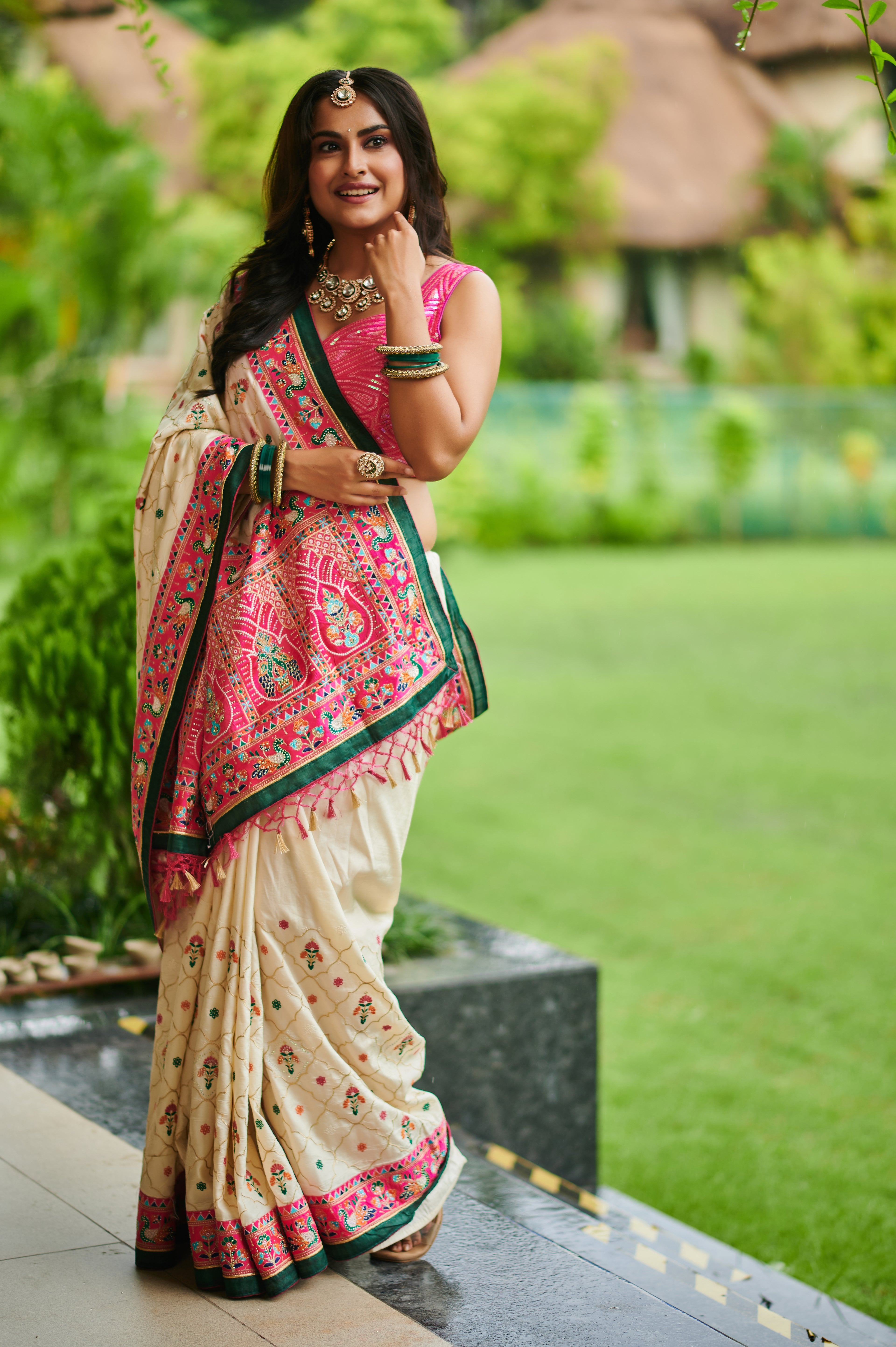 Ivory & Rani Pink Hand Embroidered Heritage Saree