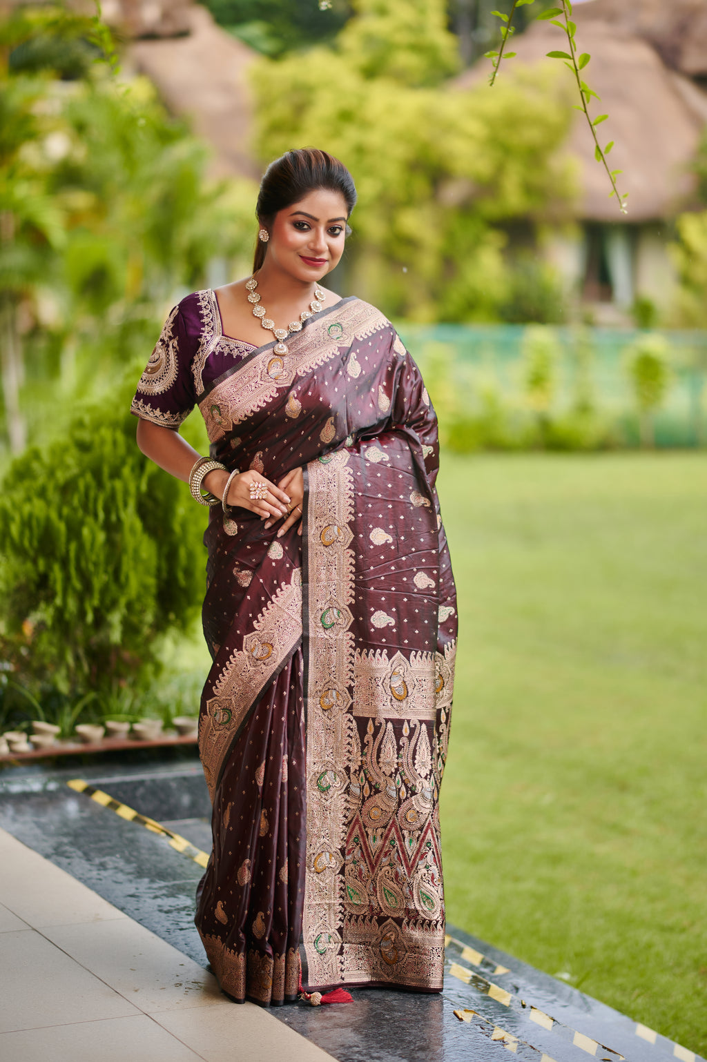 Coffee Brown Pure Silk Saree with Rich Zari & Paisley Embroidery (Dual shade)