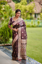 Coffee Brown Pure Silk Saree with Rich Zari & Paisley Embroidery (Dual shade)