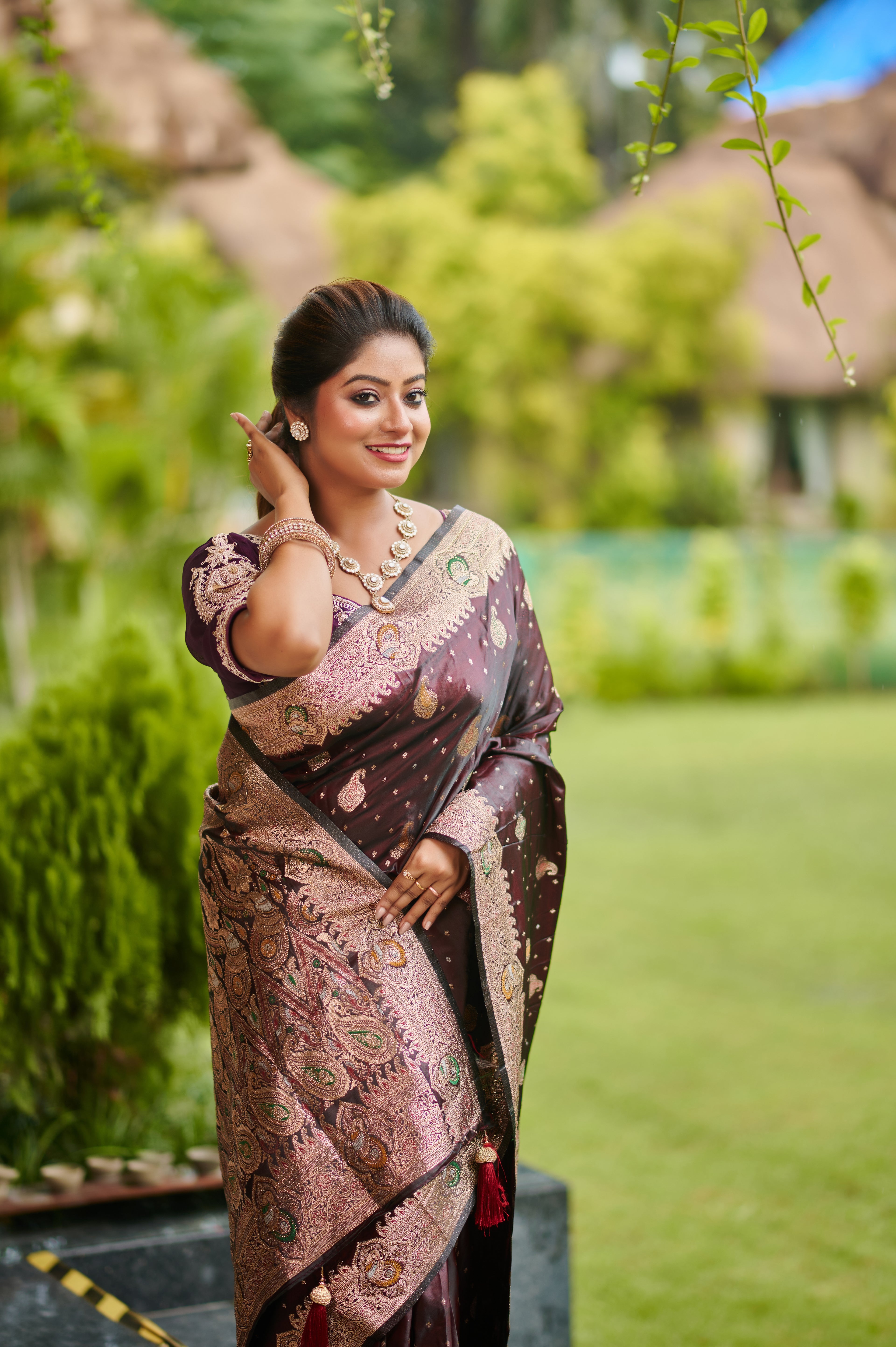 Coffee Brown Pure Silk Saree with Rich Zari & Paisley Embroidery (Dual shade)