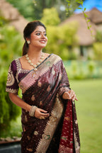 Coffee Brown Pure Silk Saree with Rich Zari & Paisley Embroidery (Dual shade)