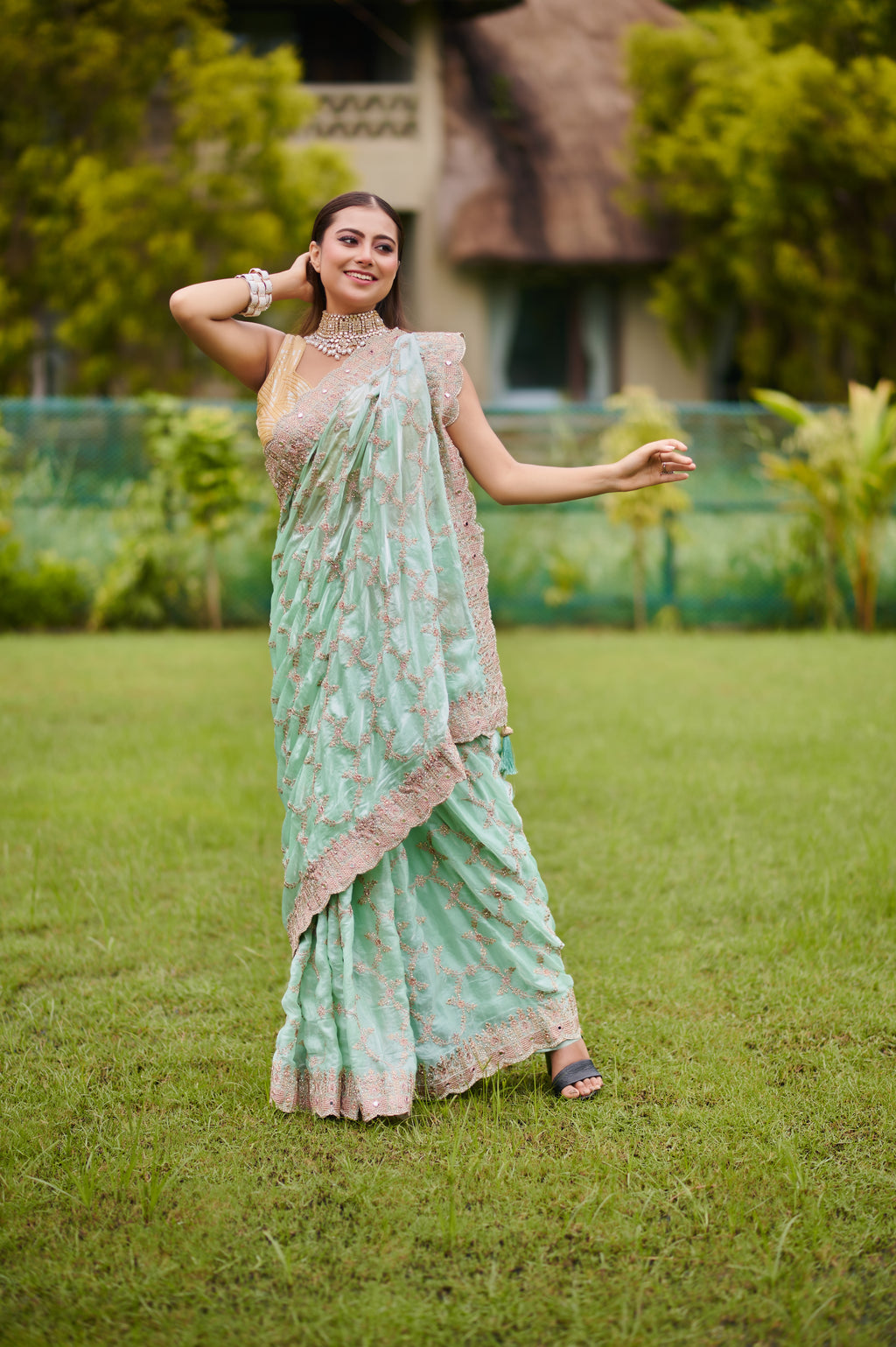 Mint Green Hand Embroidered Soft Organza-Tissue Saree