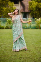 Mint Green Hand Embroidered Soft Organza-Tissue Saree