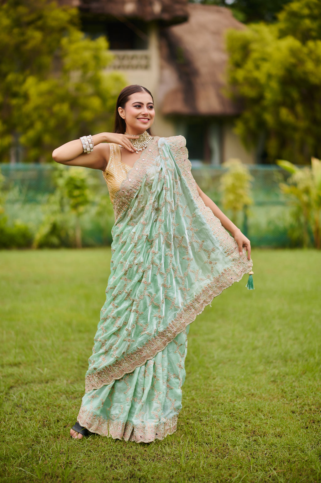 Mint Green Hand Embroidered Soft Organza-Tissue Saree