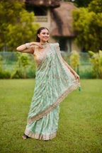 Mint Green Hand Embroidered Soft Organza-Tissue Saree