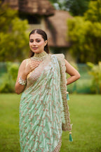 Mint Green Hand Embroidered Soft Organza-Tissue Saree